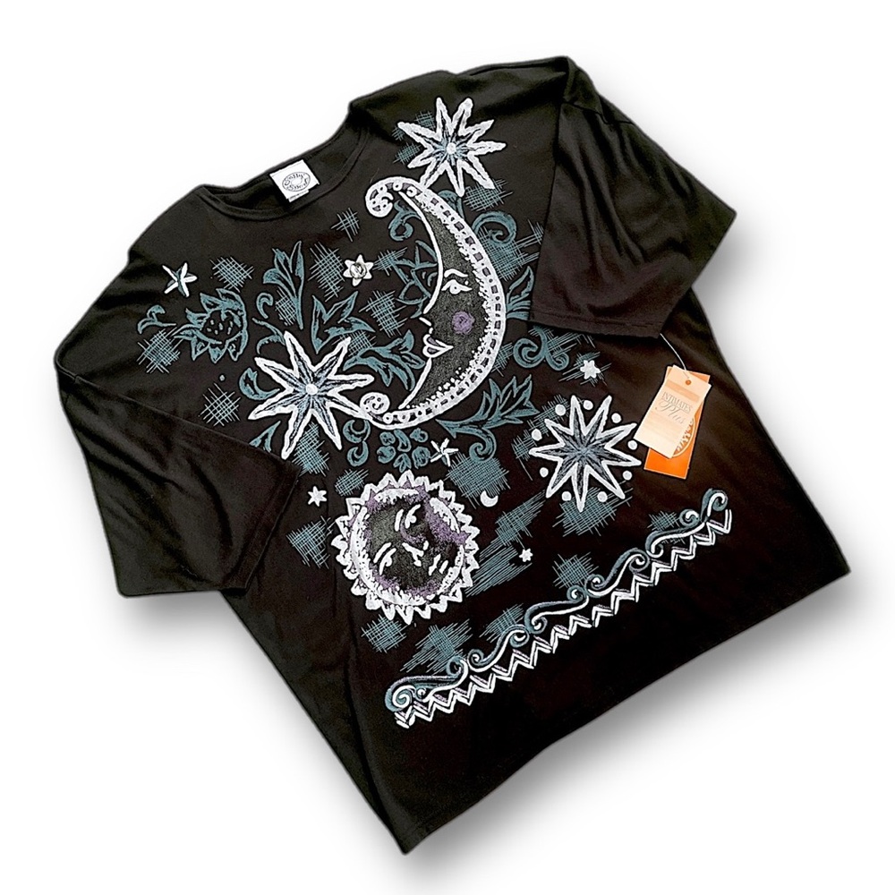 Vintage Celestial Moon & Stars Graphic Tee - Black with Light Blue & White Print